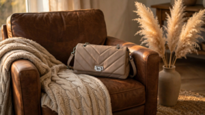 DEANIQUE 005 -The Rue Flap Bag DEANIQUE - Taupe flap bag first layer cowhide with chain for women